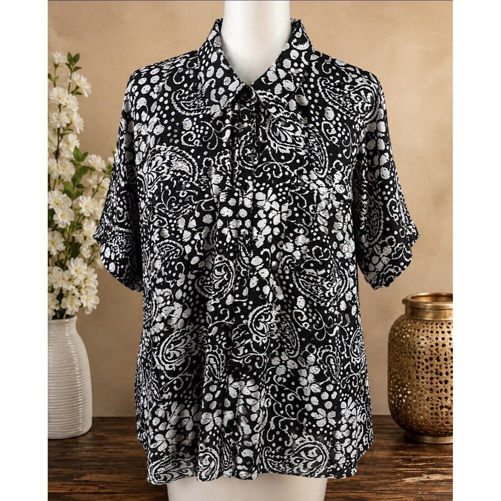 Cathy Che 18/20W Women’s Black White Paisley Blouse 48” Bust 28” Length